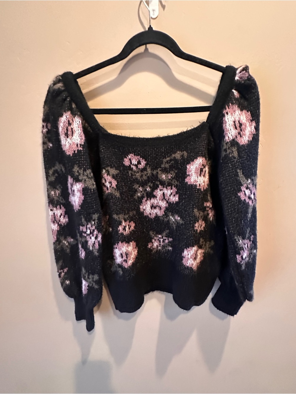Anthropologie Floral Puff Sleeve Square Neck Sweater Black Pink Size S